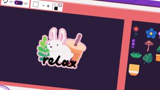 A sticker created in Sticky Business. A white rabbit sits in front of some boba tea and a leaf with the text "relax" in front.