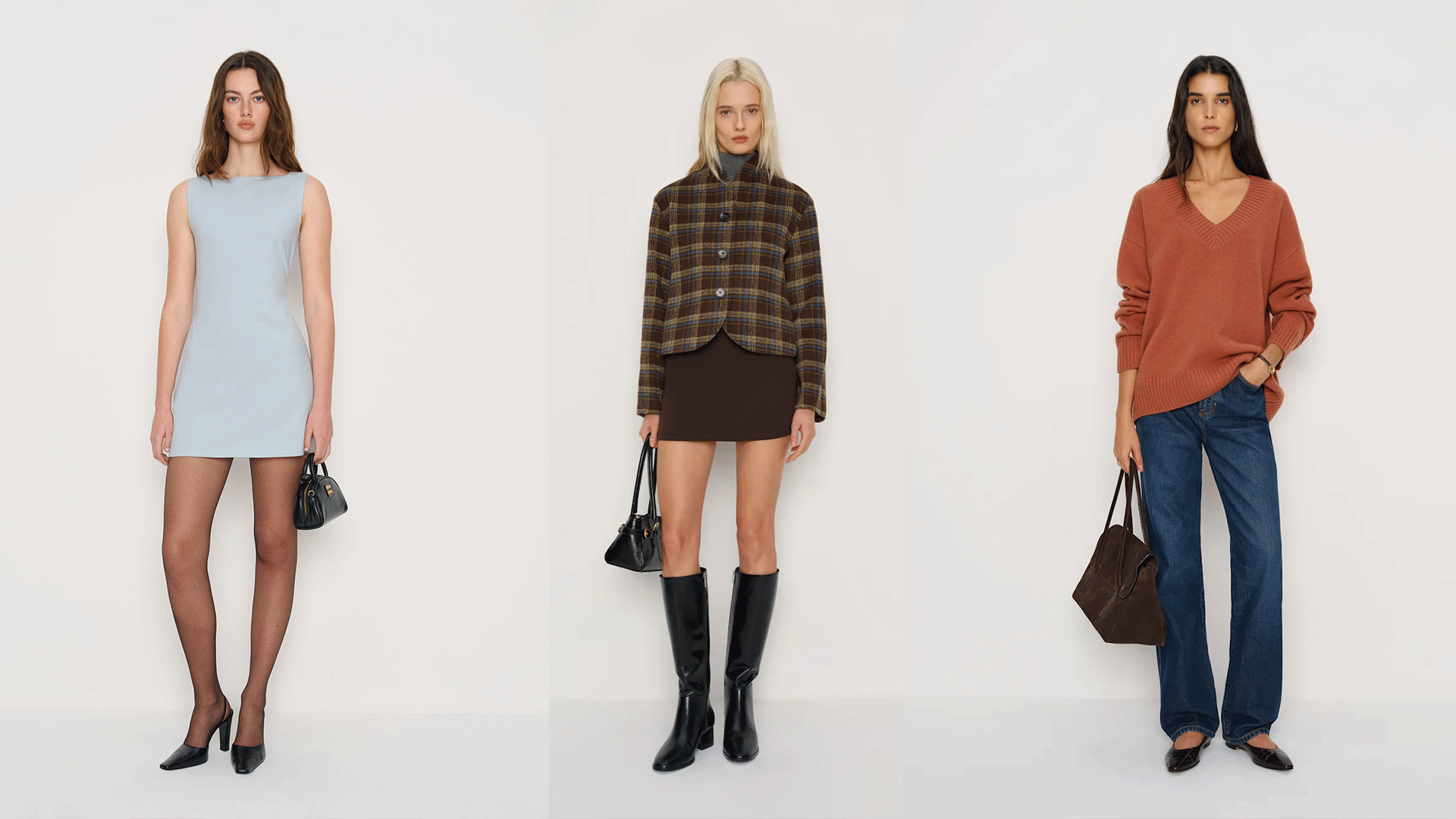 one model wears blue dress and tights and black heels anotehr wears plaid jacket brown skirt adn tall black boots and another wears oversized mauve sweater with jeans flats and a handbag