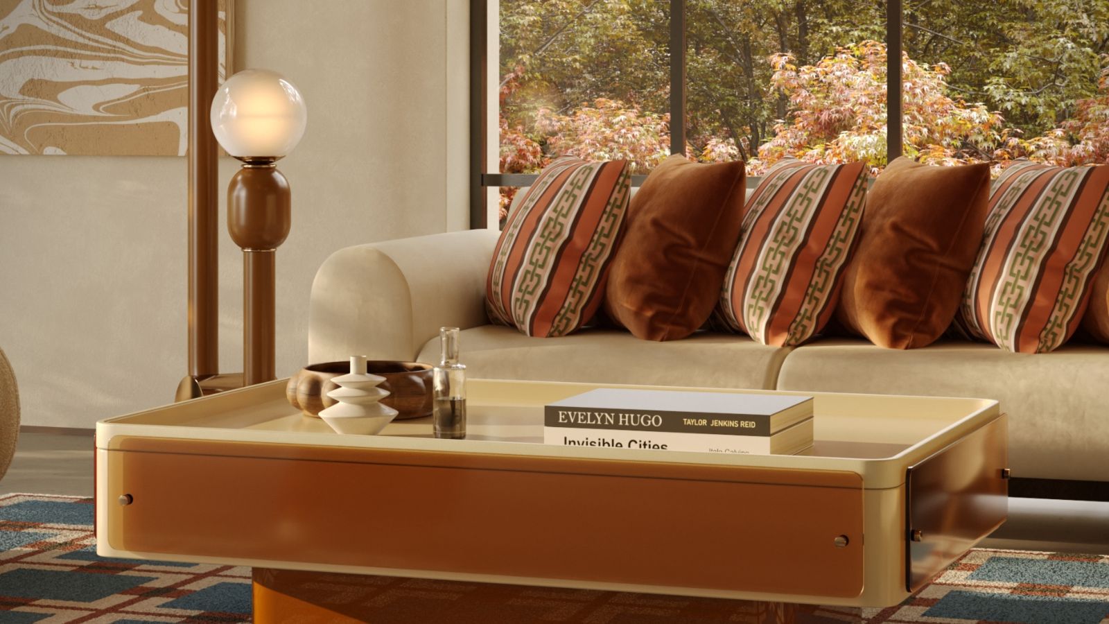 Cozy living room with cream sofa, brown cushions, mid-century wooden table and floor lamp, and geometric teal rug. In the background, there is a large window, and trees with autumnal leaves are in view