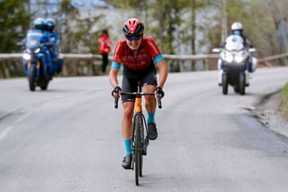 LA PLAGNE FRANCE JUNE 05 Mark Padun of Ukraine and Team Bahrain Victorious attack on breakaway during the 73rd Critrium du Dauphin 2021 Stage 7 a 1715km stage from SaintMartinLeVinoux to La Plagne 2072m UCIworldtour Dauphin dauphine on June 05 2021 in La Plagne France Photo by Bas CzerwinskiGetty Images