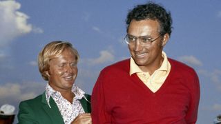 Tommy Aaron receives the Green Jacket from Jack Nicklaus after his 1973 Masters win