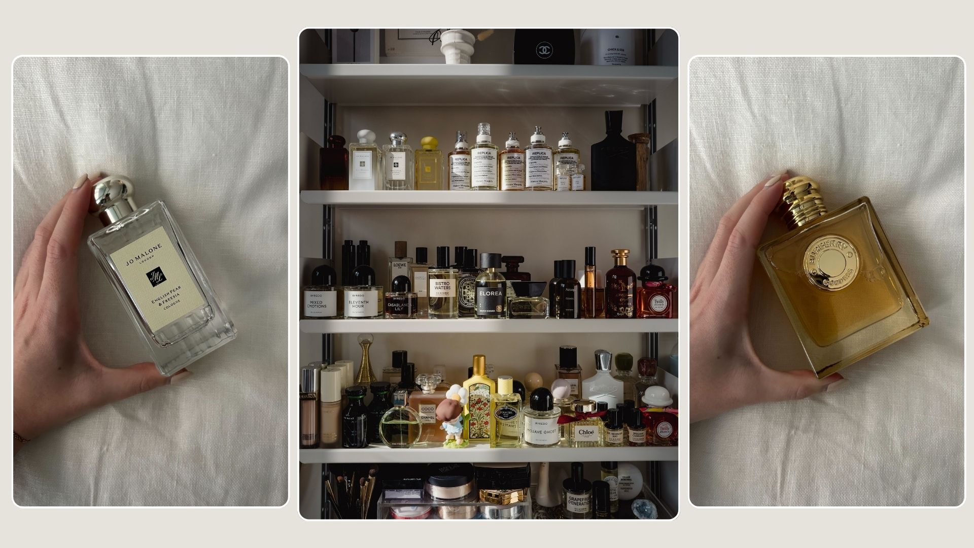A collage of autumn perfumes, on a shelf and in the hands of a beauty editor