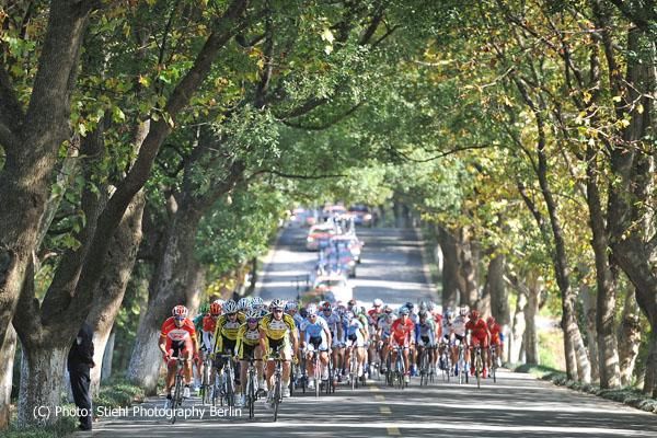 The familiar colours of the Czech team on the front of the peloton