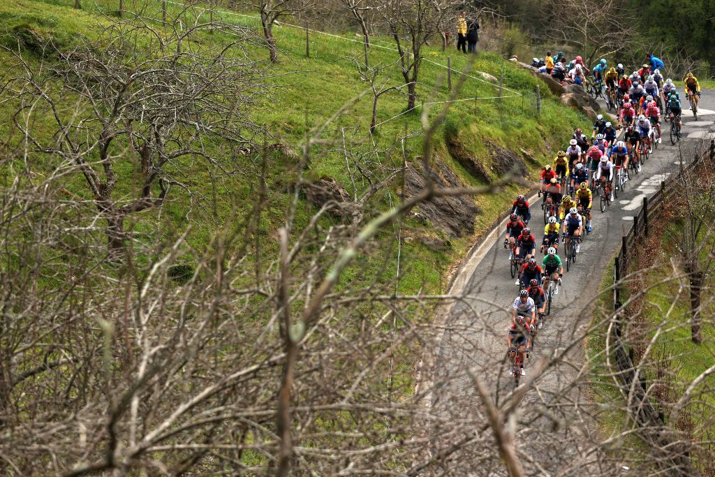 ARRATE SPAIN APRIL 09 A general view of the peloton competing through a wooded landscape during the 61st Itzulia Basque Country 2022 Stage 6 a 1357km stage from Eibar to Arrate itzulia WorldTour on April 09 2022 in Arrate Spain Photo by Gonzalo Arroyo MorenoGetty Images