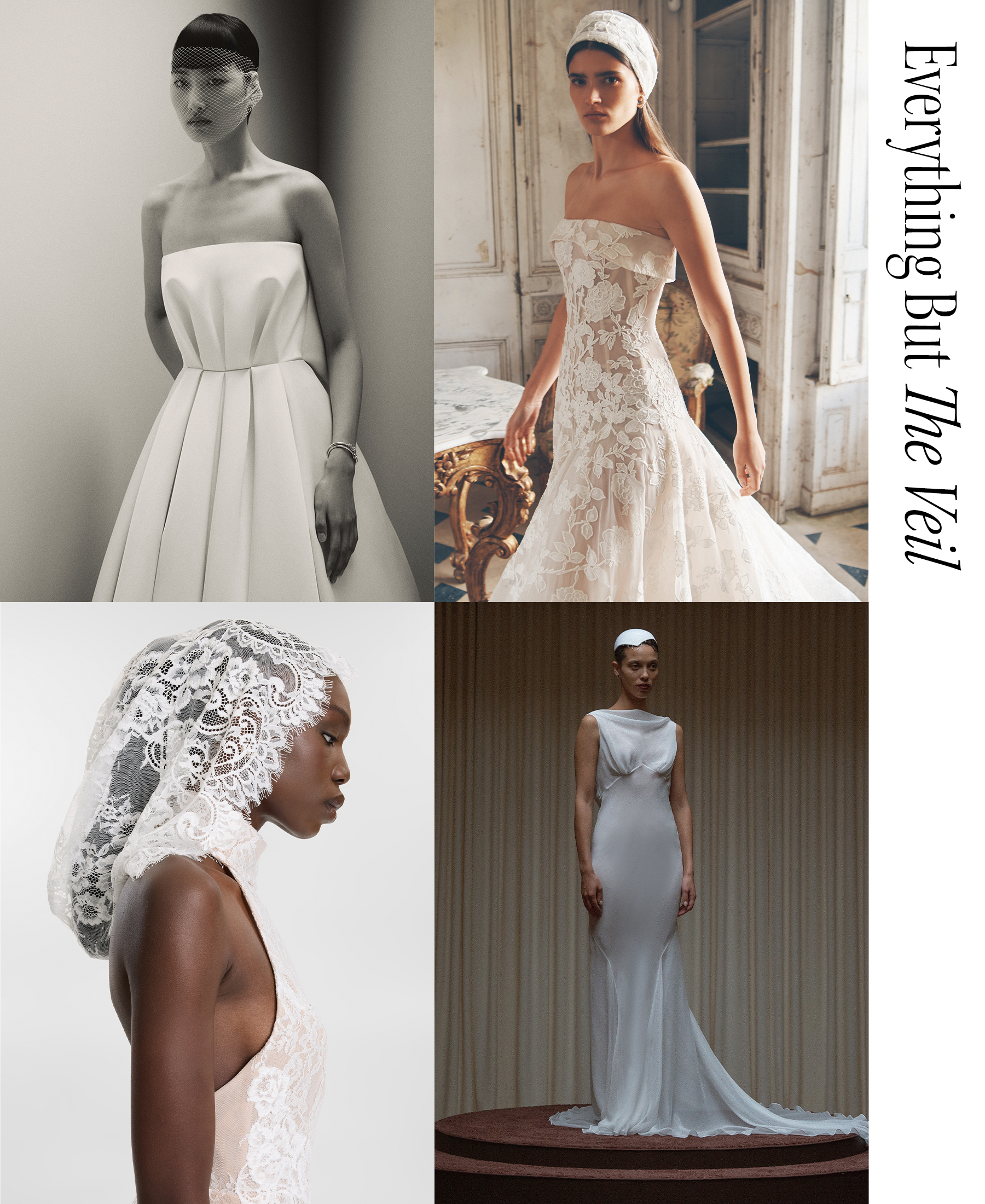 A collage of women wearing bridal headpieces.