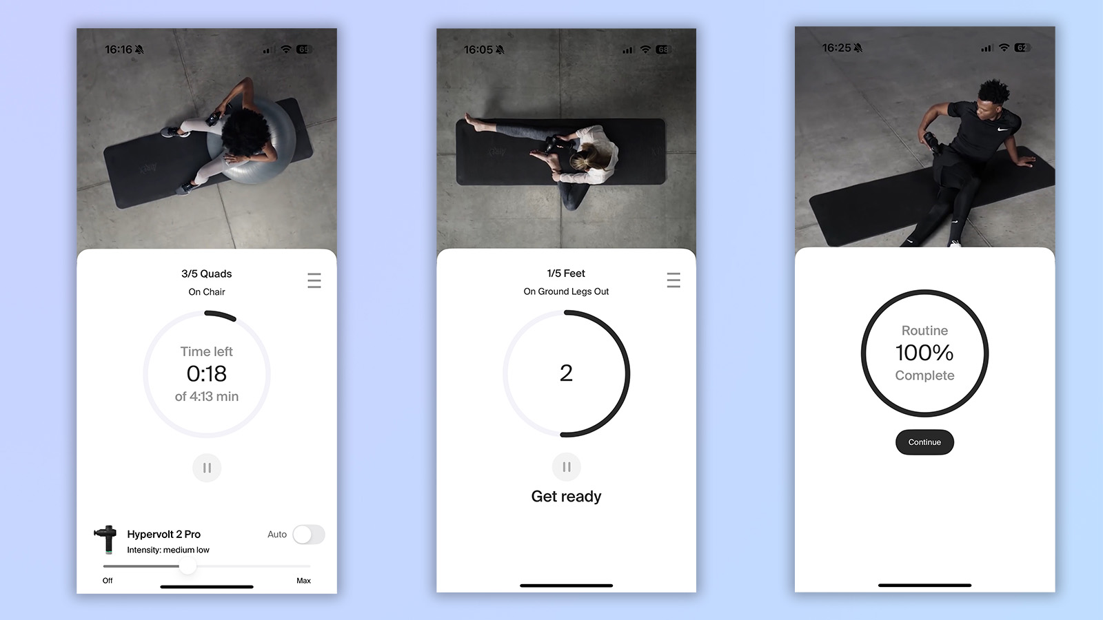three screenshots from the hyperice app showing massage routines including countdowns and pressure percussion selection