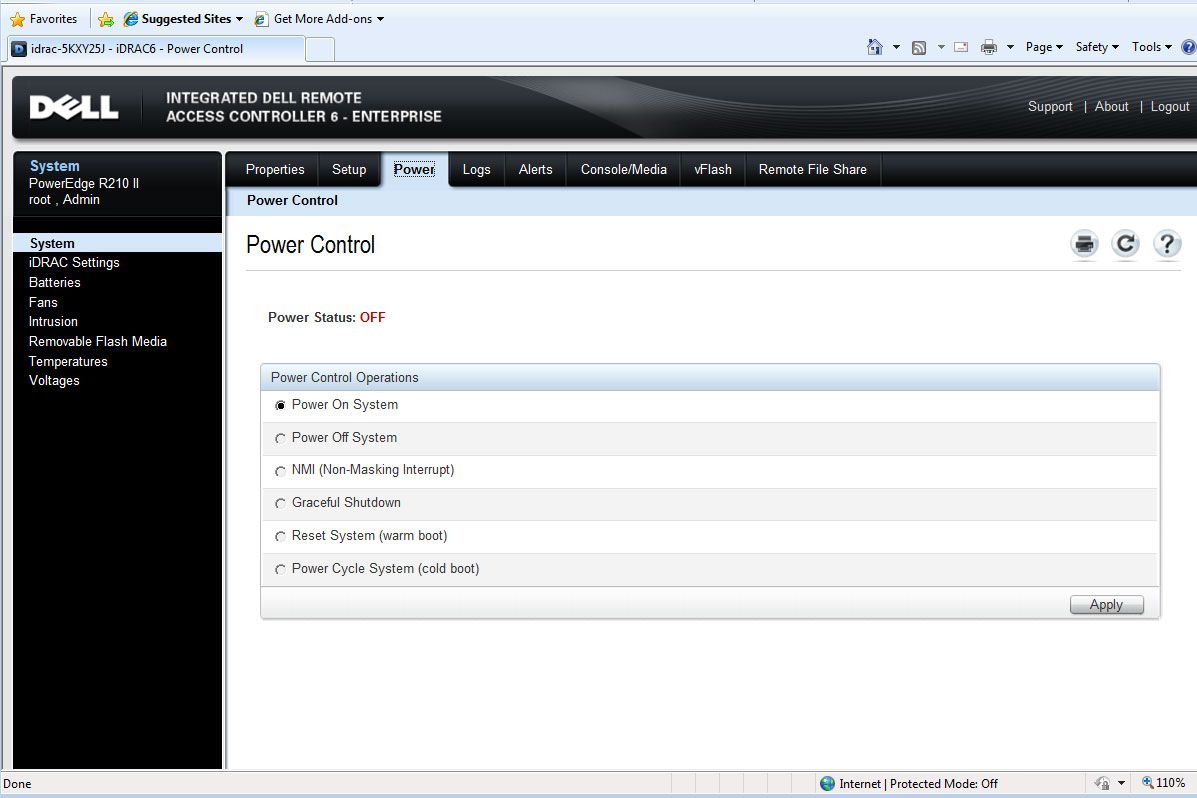 The iDRAC6 provides full access to server power so you can remotely turn it on and off and reset it.