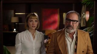 A still from the TV show Death and Other Details showing Imogene Scott (played by Violett Beane) and Rufus Cotesworth (Mandy Patinkin)