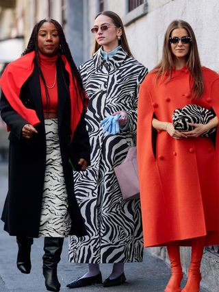 A collage of women wearing zebra print at Milan Fashion Week.