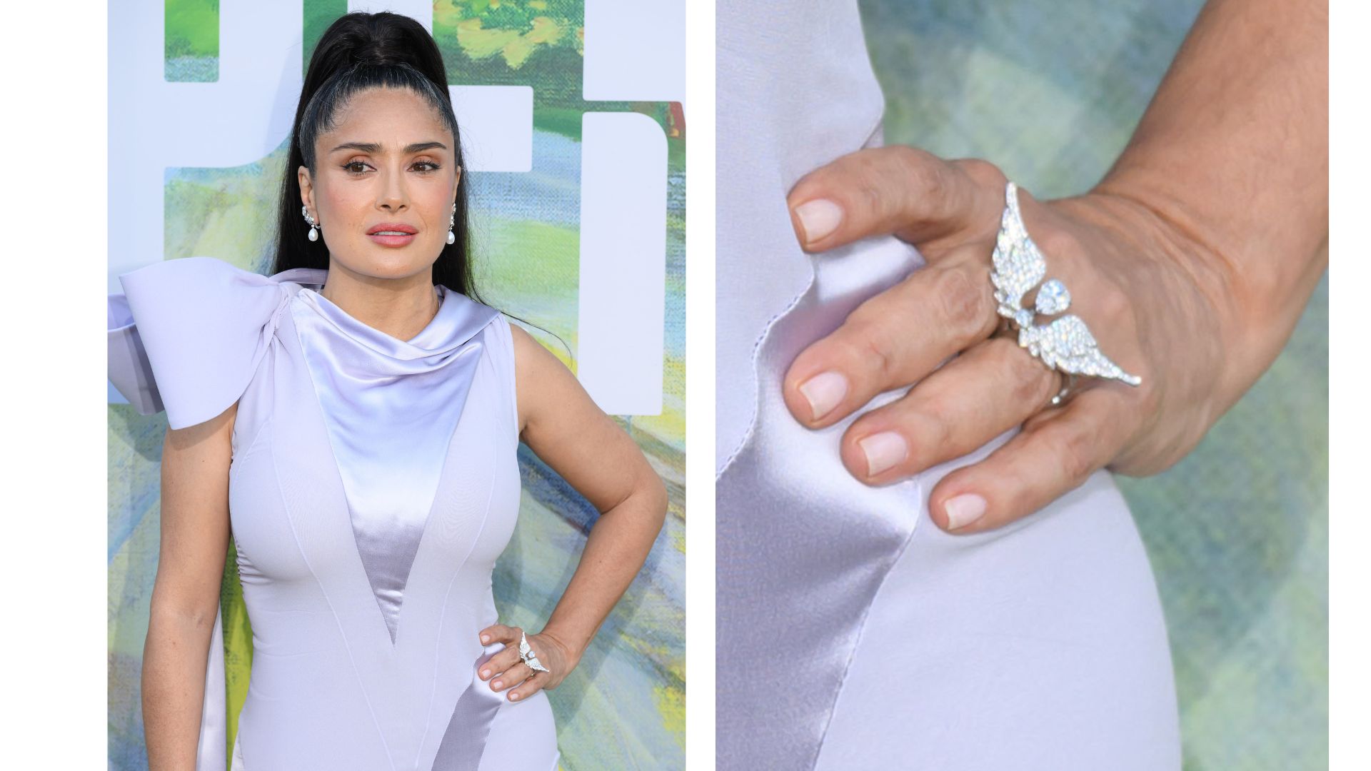 Salma Hayek attending the serpentine summer party in a lilac silk dress with her hair in a high ponytail and ice white short nails