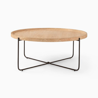 minimalist coffee table with wooden top and wirey legs