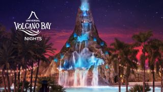 A glowing nighttime volcano shown in Universal Volcano Bay Nights promo art.