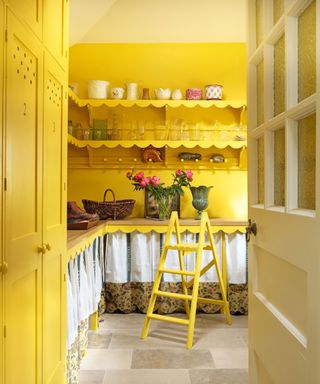 pantry or flower room painted in a bright and vibrant yellow