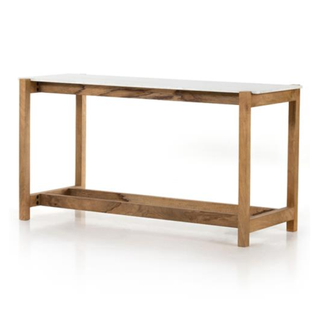 table with a wood frame and white marble top