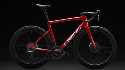 Specialized Tarmac SL8 in red, side on on dark background