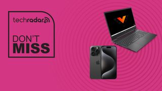 iPhone 15 and HP Victus 16 gaming laptop on pink background