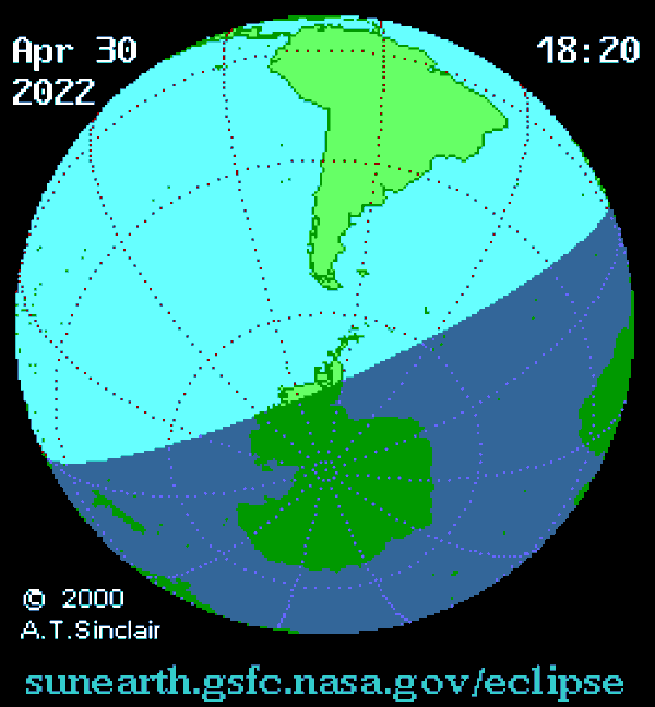 This NASA animation shows the visibility path of the partial solar eclipse of April 30, 2022 over the southern Pacific Ocean, Antarctica and parts of South America.