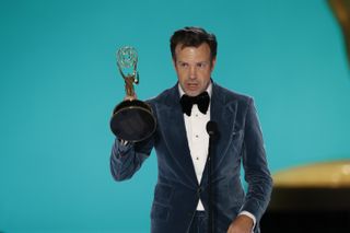 Jason Sudeikis accepts the Emmy for outstanding lead actor in a comedy series during the 73rd Annual Emmy Awards, which aired on CBS Sunday, Sept. 19, 2021.