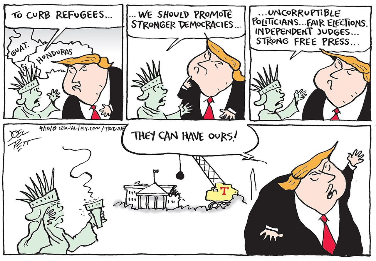 Political Cartoon U.S. Trump immigration policies Statue of Liberty DHS firing