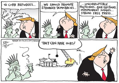 Political Cartoon U.S. Trump immigration policies Statue of Liberty DHS firing