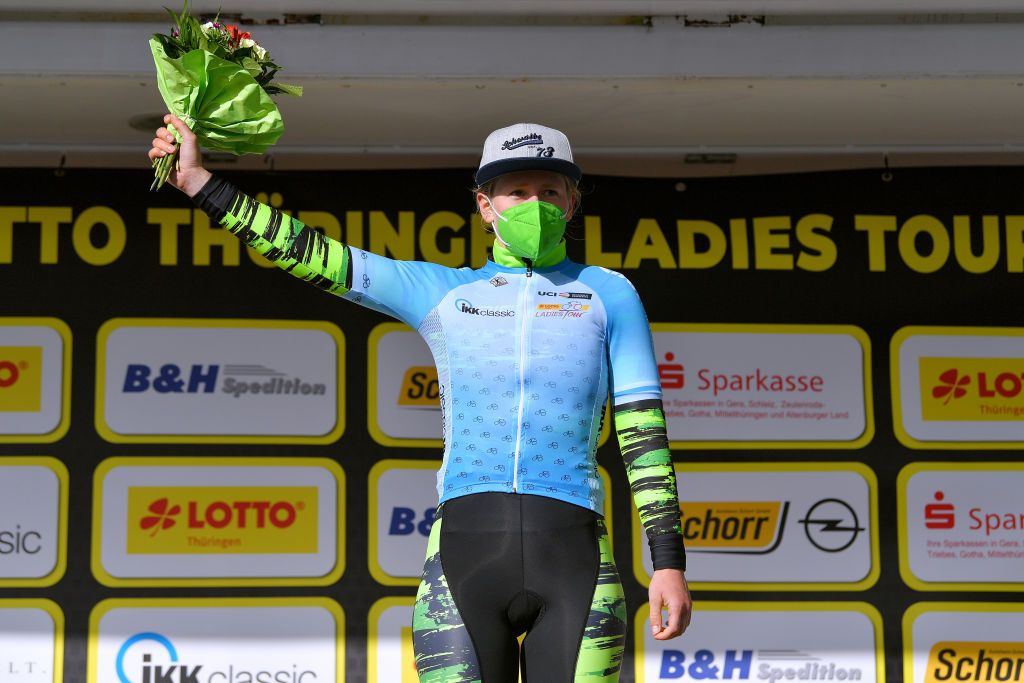 SCHLEIZ GERMANY MAY 27 Helena Bieber of Germany and Team RSG Giessen Biehler blue most active rider jersey celebrates at podium during the 34th Internationale LOTTO Thringen Ladies Tour 2021 Stage 3 a 1165km stage from Schleiz to Schleiz ltlt2021 lottothueringenladiestour womencycling on May 27 2021 in Schleiz Germany Photo by Luc ClaessenGetty Images