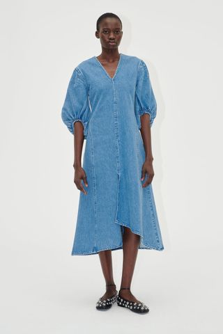 Volume Sleeves Midi Dress - Denim Blue