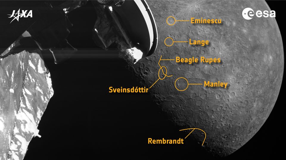 The BepiColombo spacecraft photographed craters on the surface of planet Mercury.