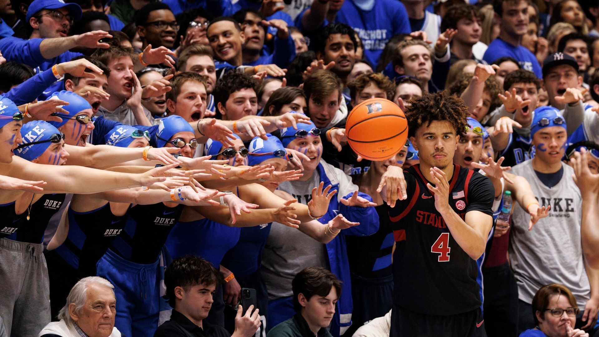 
                                Students attempt to distract Stanford&#039;s Oziyah Sellers during an NCAA college basketball game in Durham, North Carolina
                            