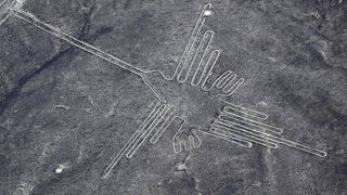 An aerial photo of a Nazca line in the shape of a hummingbird.