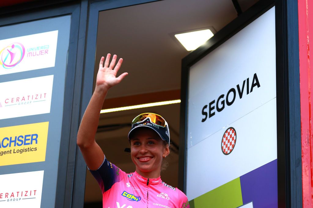 SEGOVIA SPAIN SEPTEMBER 10 Silvia Persico of Italy and Team Valcar Travel Service celebrates at podium as stage winner during the 8th Ceratizit Challenge By La Vuelta 2022 Stage 4 a 1604km stage from Palencia to Segovia 1005m CERATIZITChallenge22 UCIWWT on on September 10 2022 in Segovia Spain Photo by Gonzalo Arroyo MorenoGetty Images
