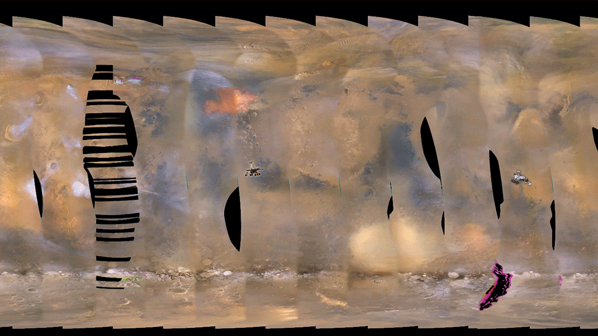 Images from NASA's Mars Reconnaissance Orbiter show a fierce dust storm kicking up on Mars. (The rovers are represented with icons.)
