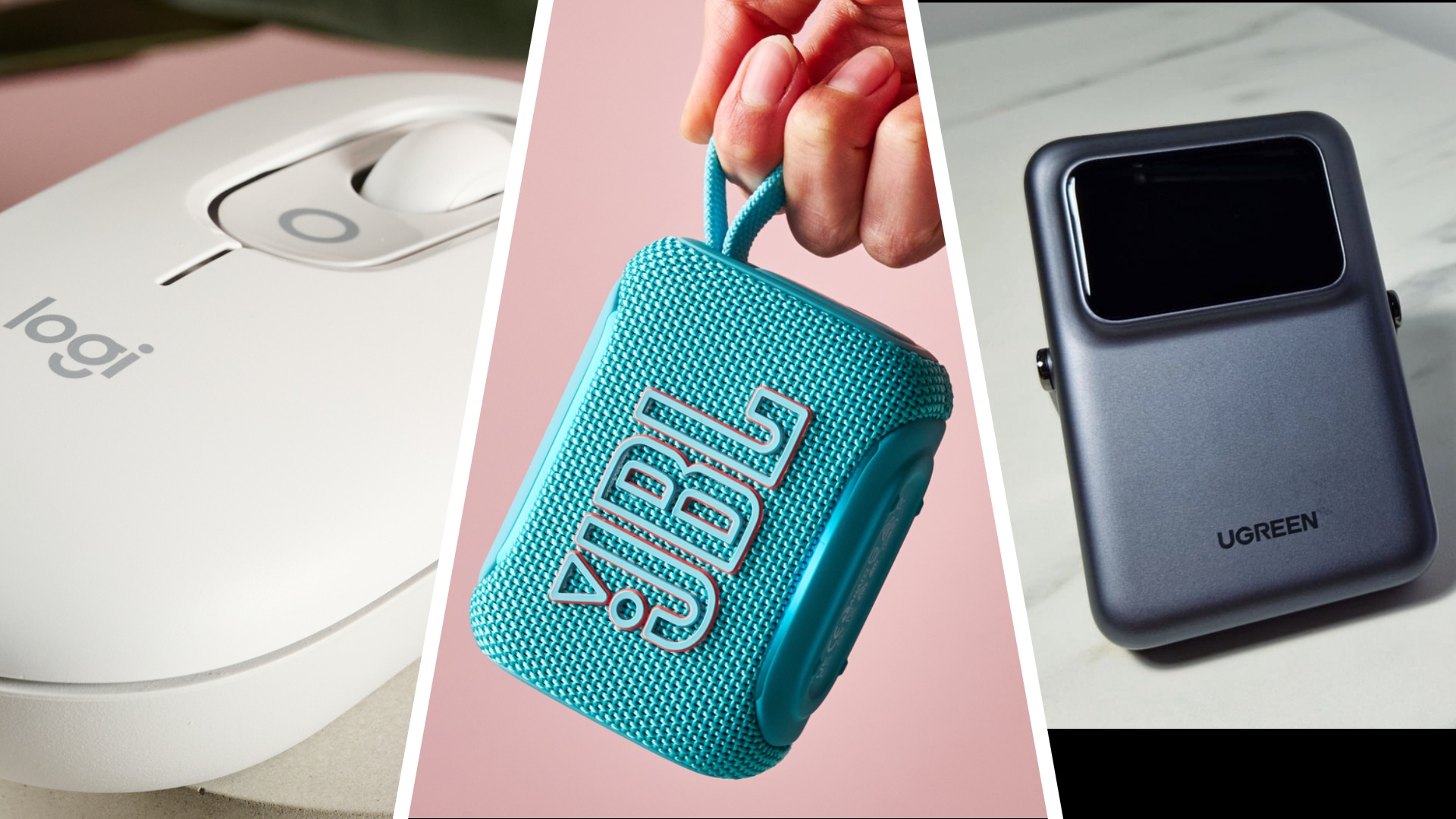 A Logi mouse, JBL speaker and UGREEN charger