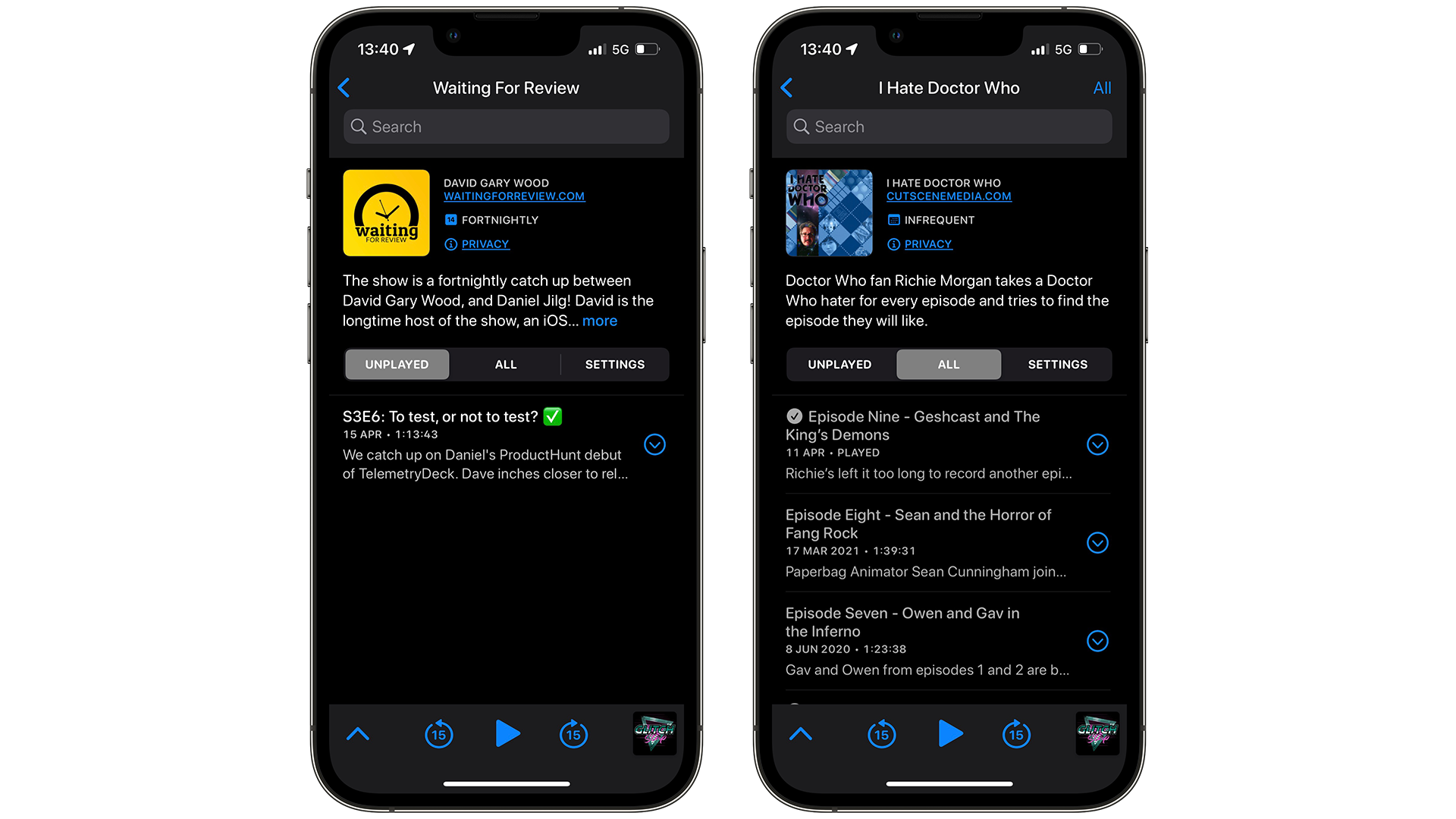 Overcast showcasing Waiting for Review, and Doctor Who podcasts