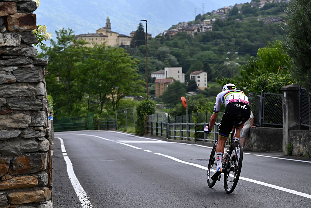 Slovenia's rider Tadej Pogacar of team UAE Emirates - XRG competes in the first stage of the Men's Tour of Switzerland (Tour de Suisse) cycling race, in Sondrio, Italy, on June 17, 2026. (Photo by Marco BERTORELLO / AFP)