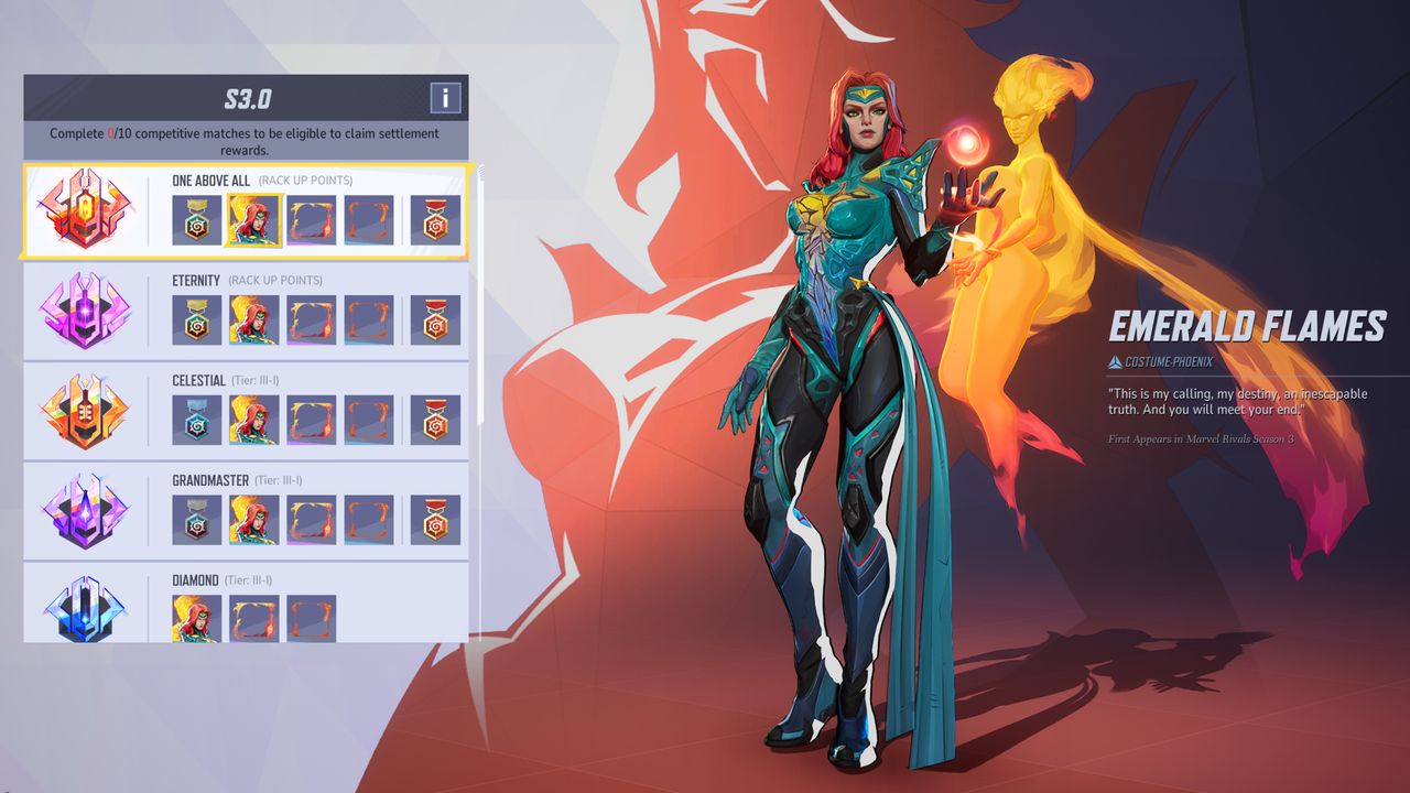 Marvel Rivals Phoenix skins: The Emerald Flames costume in the ranked rewards screen.
