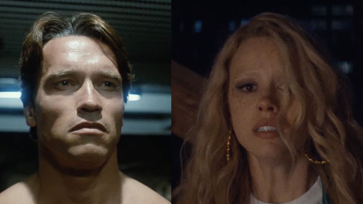 Arnold&#039;s first time out as the killer robot from the future in The Terminator, Mia Goth looking horrified in MaXXXine