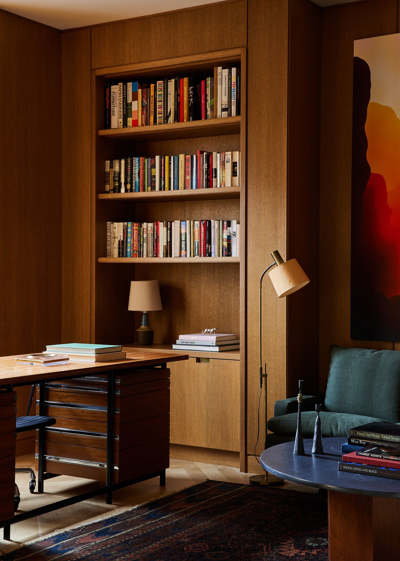 A custom shelving area with books