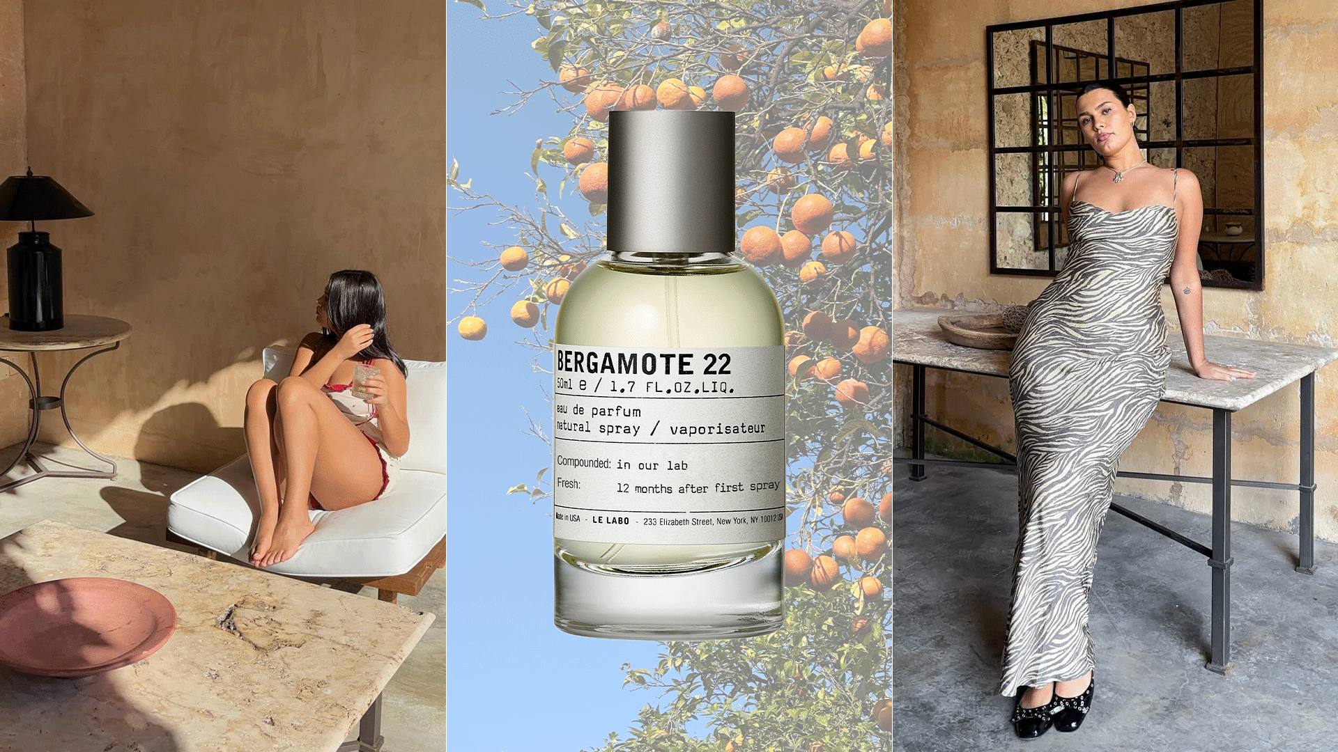 Woman lounging in Italian villa next to GIF of bergamot perfumes