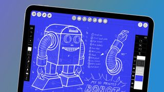 A base iPad 11 on a blue and violet background showing a robot