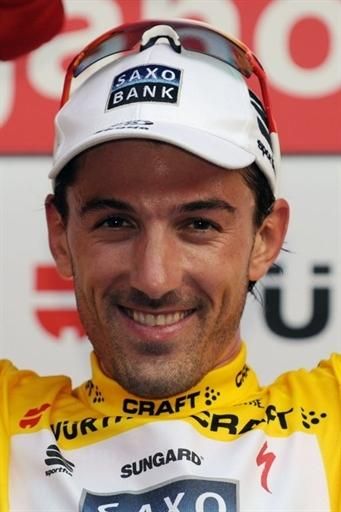 Fabian Cancellara (Team Saxo Bank) on the podium after winning stage 1 of the Tour de Suisse