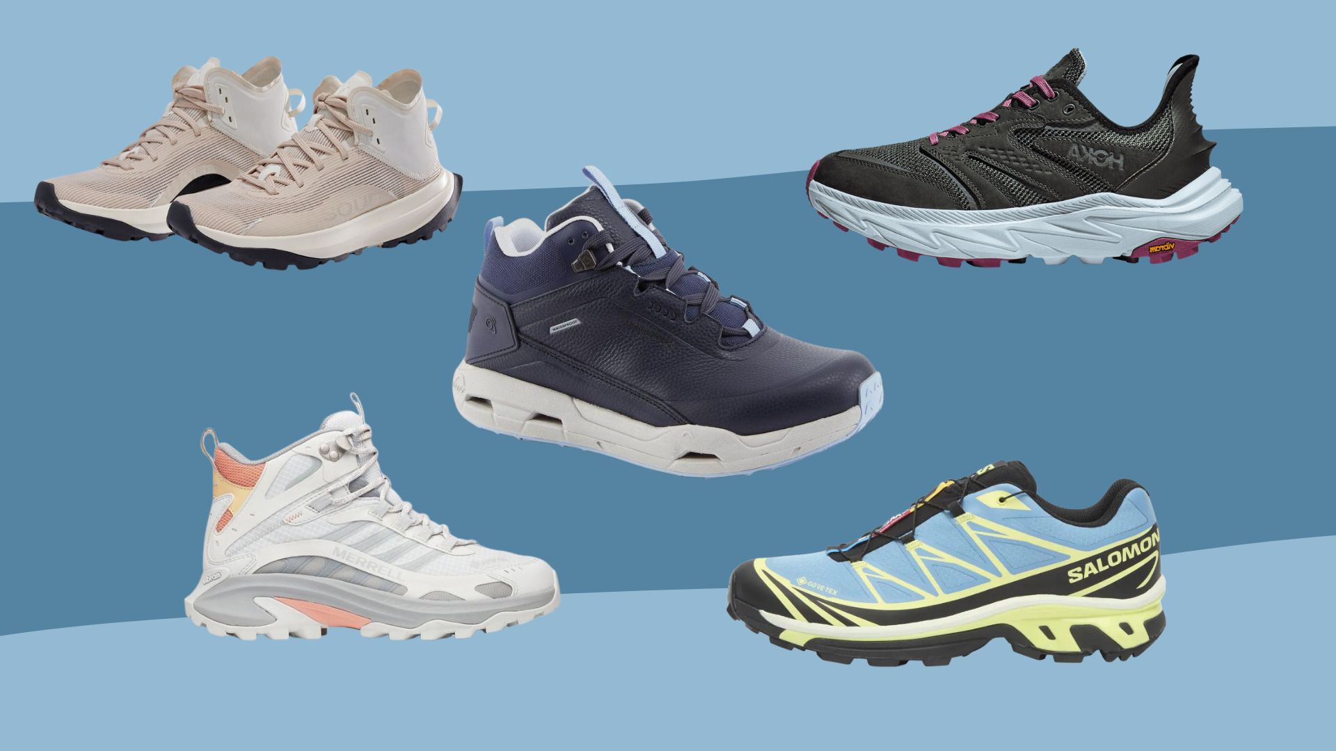 A selection of walking shoes on sale this week from Hoka, Merrell, Salomon, Craghoppers, and Vasque