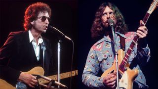LEFT: Bob Dylan plays a Fender Telecaster electric guitar on stage in 1974. RIGHT: Roger McGuinn from The Byrds performs live on stage in London in 1971 