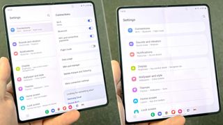 The Samsung Galaxy Z Fold 4 using the Settings app in both single view and multi-view modes