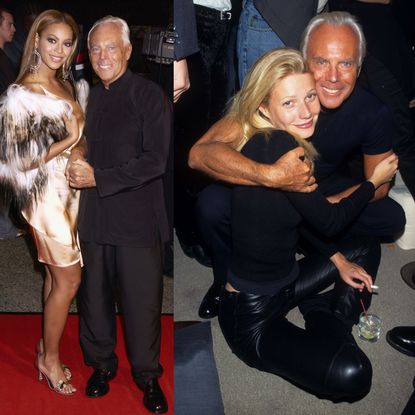 Beyonc&eacute; and Gwyneth Paltrow pose with Giorgio Armani