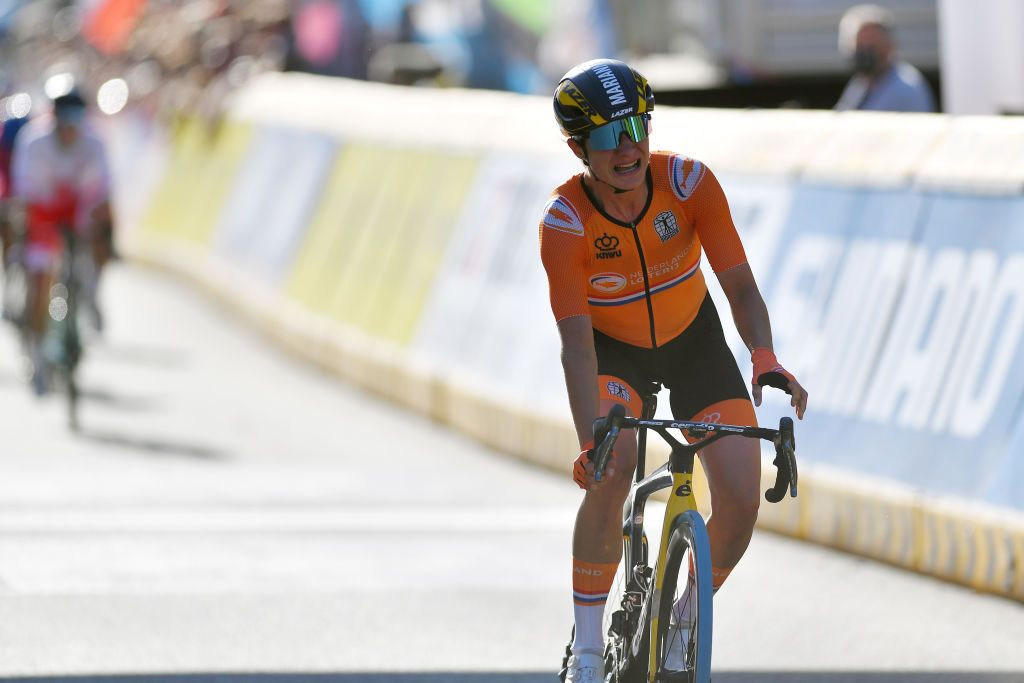 LEUVEN BELGIUM SEPTEMBER 25 Marianne Vos of Netherlands disappointed crosses the finish line in second place during the 94th UCI Road World Championships 2021 Women Elite Road Race a 1577km race from Antwerp to Leuven flanders2021 on September 25 2021 in Leuven Belgium Photo by Luc ClaessenGetty Images
