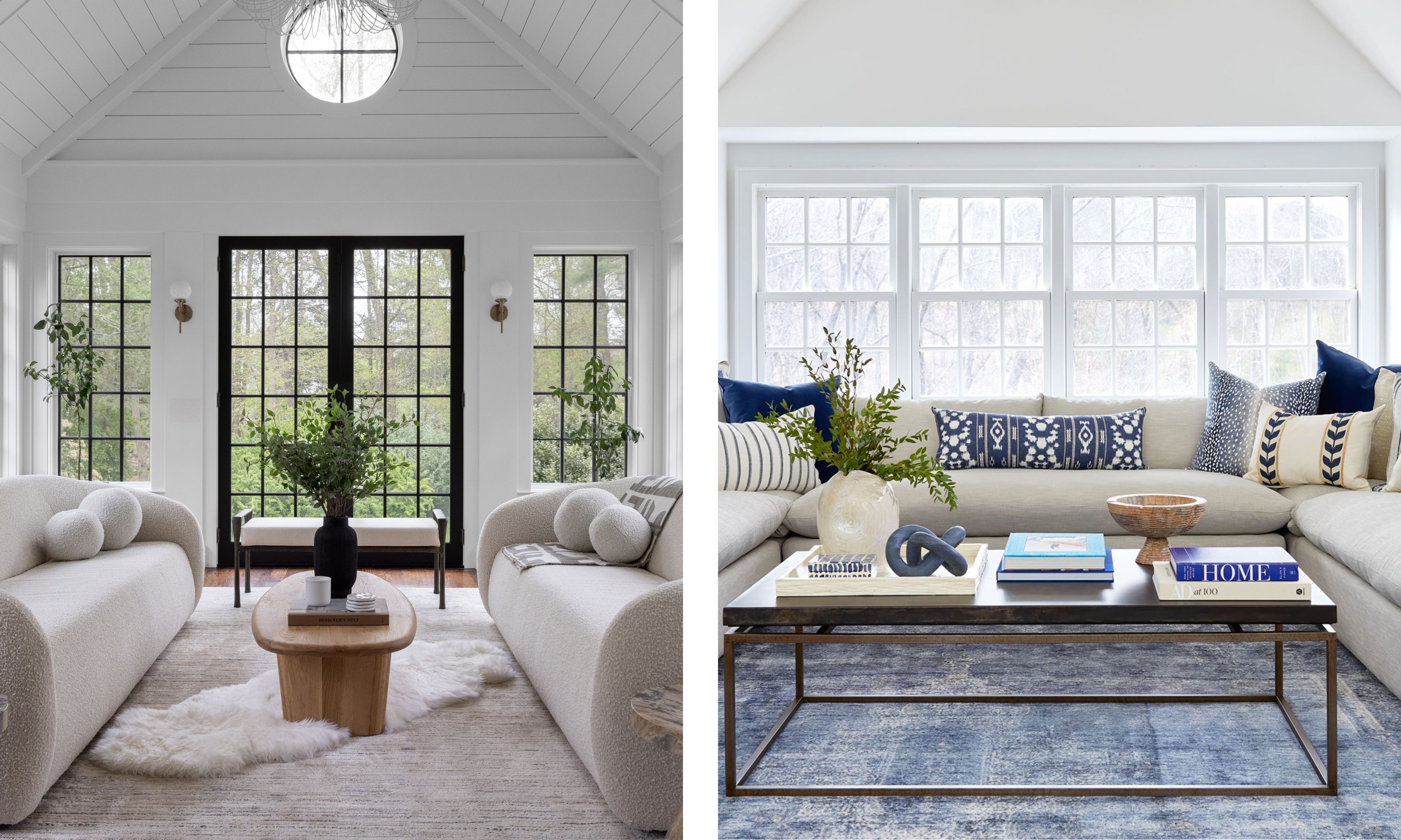 two living room images with a symmetrical design