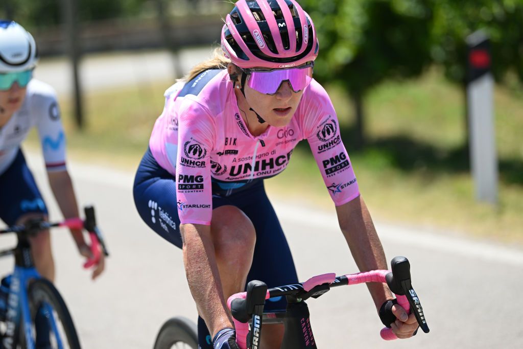 PADOVA ITALY JULY 10 Annemiek Van Vleuten of Netherlands and Movistar Team Pink Leader Jersey competes during the 33rd Giro dItalia Donne 2022 Stage 10 a 905km stage from Abano Terme to Padova GiroDonne UCIWWT on July 10 2022 in Padova Italy Photo by Dario BelingheriGetty Images