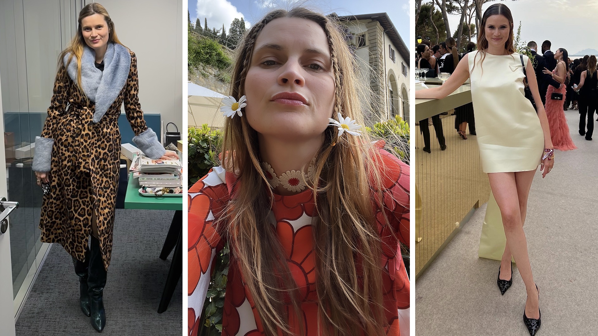 French style editor and write Eugenie Trochu poses in three chic designer outfits ideas featuring a leopard-print coat with a blue fur collar and cuffs, a flower-print dress, and a yellow mini Prada dress
