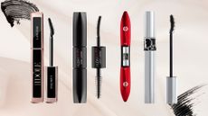 Collage of 4 of the best mascaras for straight lashes featured in this guide from (left to right) Lancome, Huda Beauty, L'Or&eacute;al Paris and Dior, set on a pink fabric effect background with 2 swatches