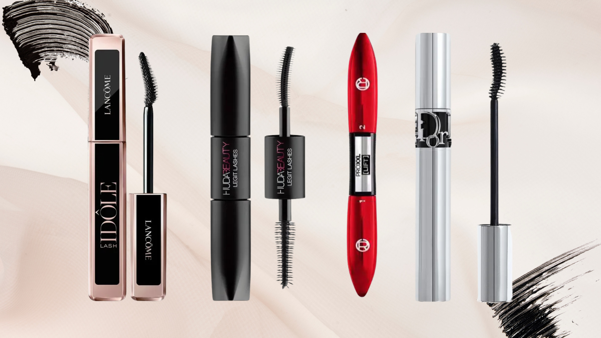 Collage of 4 of the best mascaras for straight lashes featured in this guide from (left to right) Lancome, Huda Beauty, L'Or&eacute;al Paris and Dior, set on a pink fabric effect background with 2 swatches